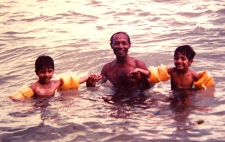 Father Benny with my sons Suren and Ranil bathing behind our house. Late 70's photograph from the family albums.