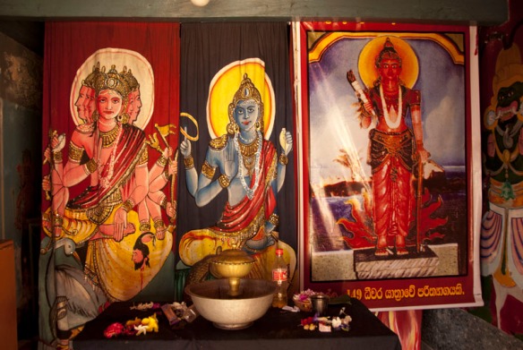 From left: Vishnu, Kataragama and Devol Deiyo/Gods at the shrine at the Welle Devale, Unawatuna. Photograph© Chulie de Silva